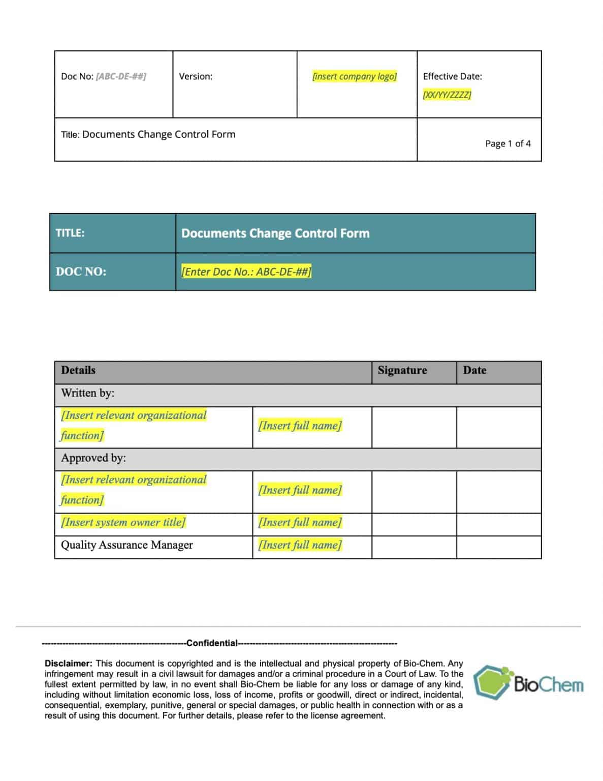 Document Change Control Form QMS Document Template Bio Chem