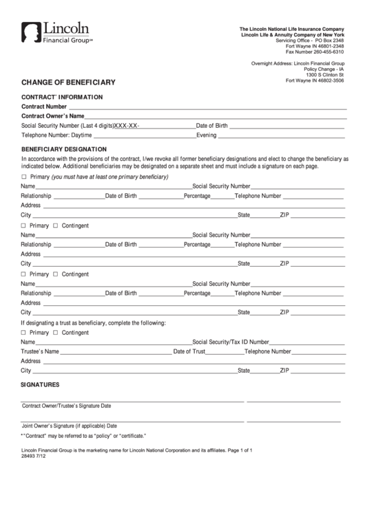 Fillable Change Of Benficiary Lincoln Financial Group Printable Pdf 