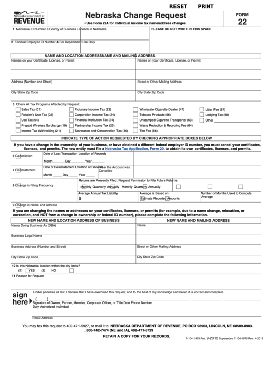 Fillable Form 22 Nebraska Change Request Printable Pdf Download