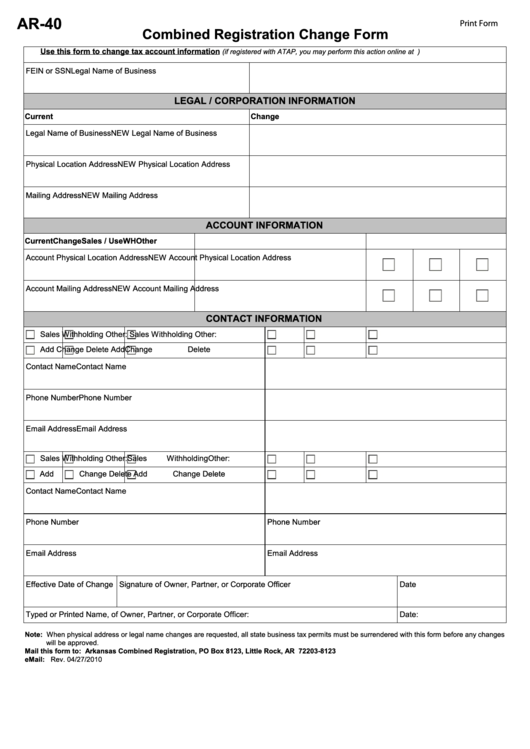 Fillable Form Ar 40 Combined Registration Change Form Arkansas