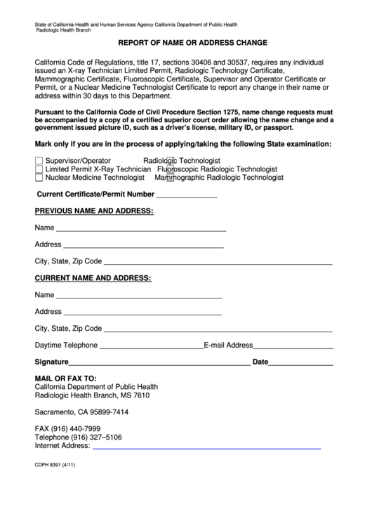 Form Cdph 8391 Report Of Name Or Address Change State Of California 