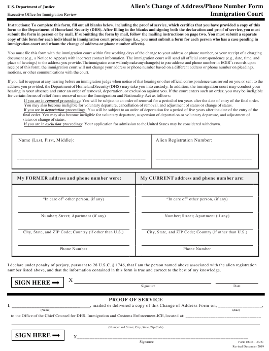 Form EOIR 33 IC Download Printable PDF Or Fill Online Change Of Address 