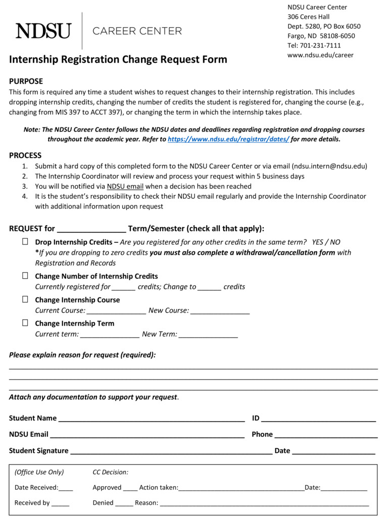 Internship Registration Change Request Form Career Center North 