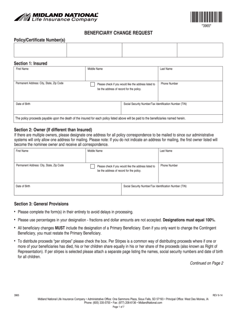 Midland National Life Annuity Beneficiary Change Form ChangeForm