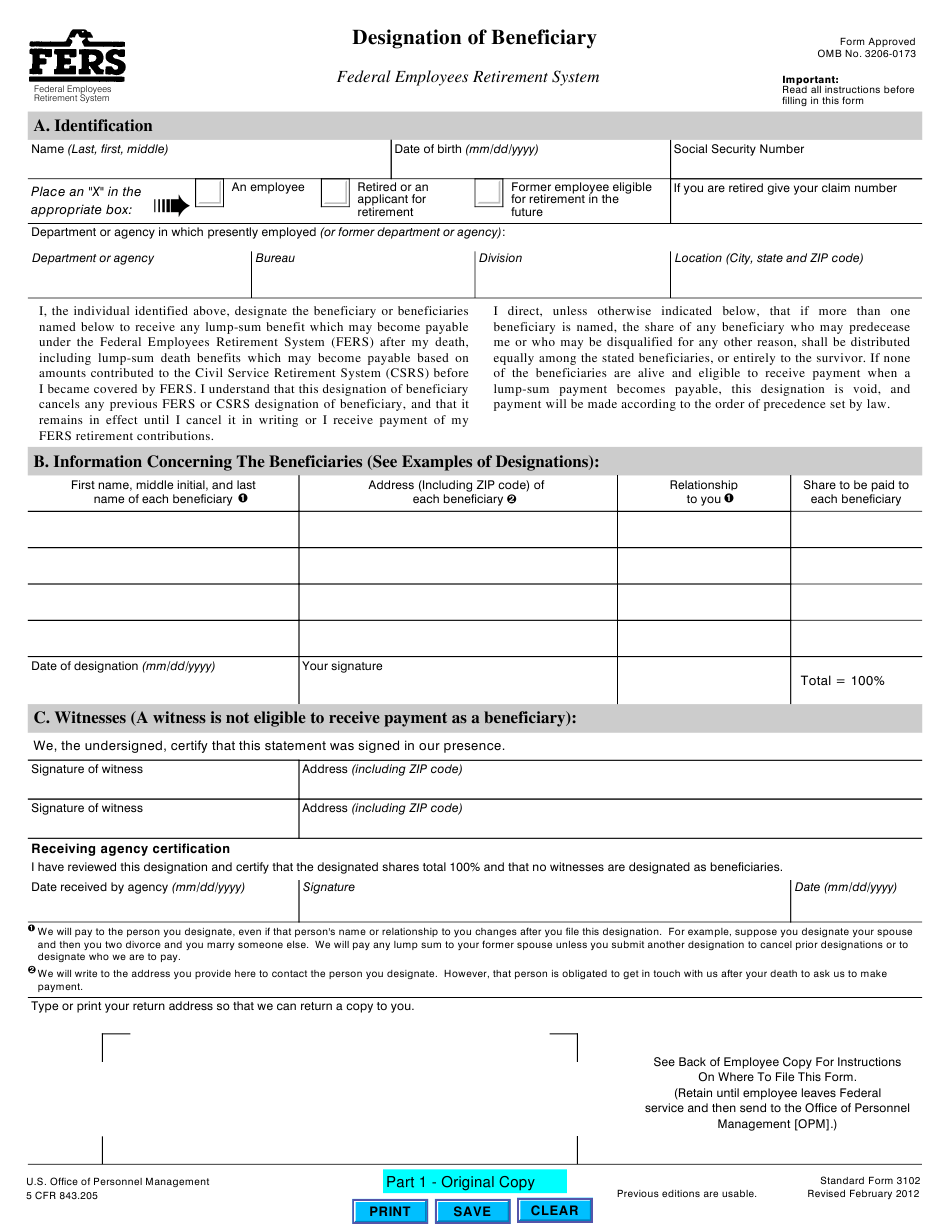 OPM Form SF 3102 Download Fillable PDF Or Fill Online Designation Of